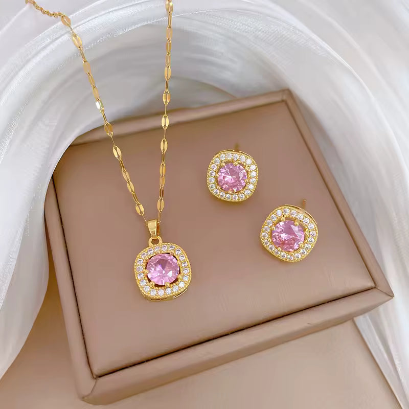Gold Plated Pink Stone Jewelry Set