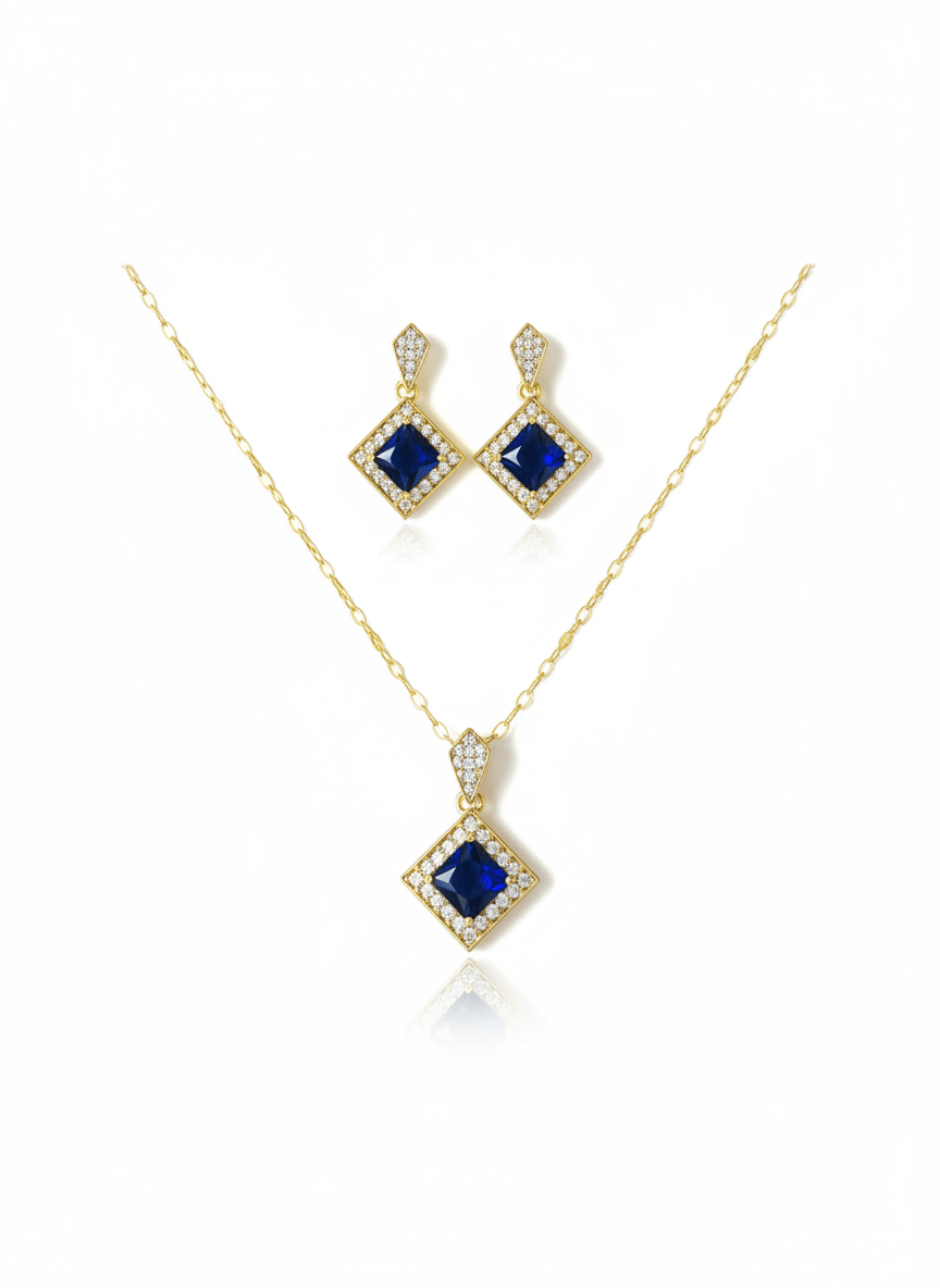 Blue Gemstone Necklace & Earrings Set in 18K Gold Plating - Hansel Grace