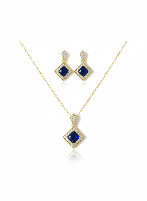 Blue Gemstone Necklace & Earrings Set in 18K Gold Plating - Hansel Grace