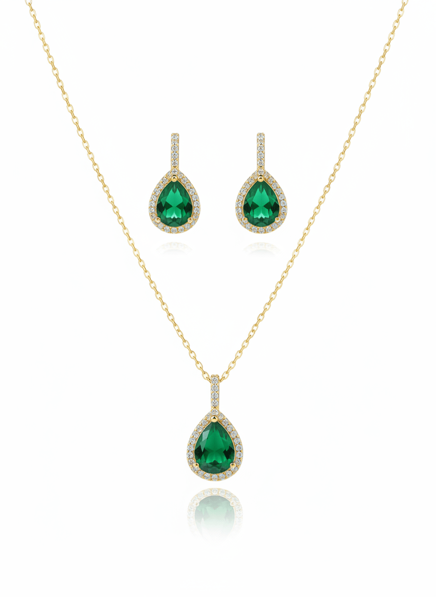 Gold - Plated Green Stone Jewelry Set – Necklace and Earrings - Hansel Grace