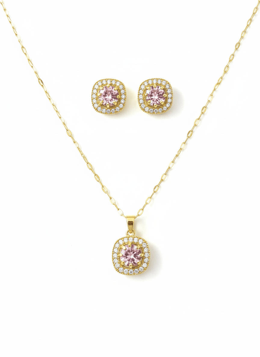 Pink Gemstone Necklace & Earrings Set in 18K Gold Plating - Hansel Grace